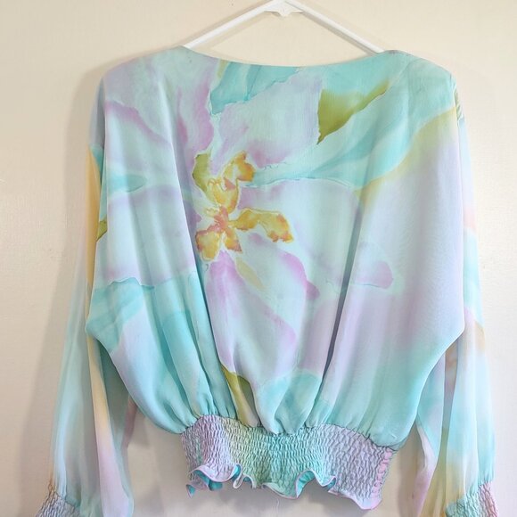 Yolanda Lorente Hand Painted Pastel Floral Silk Blouse Flowy Chiffon Small - Picture 4 of 13